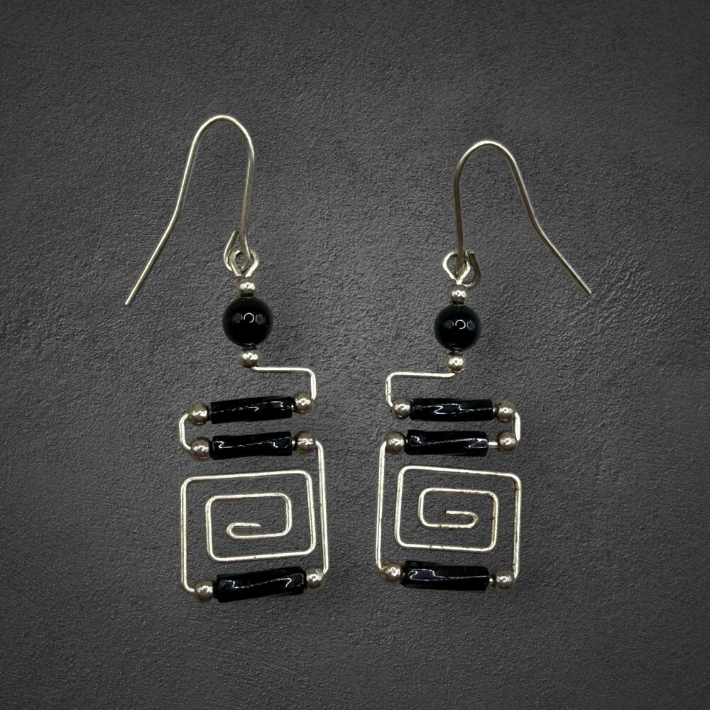 VTG 925 Sterling Silver Black Bead Geometric Spiral Modernist Dangle Earrings